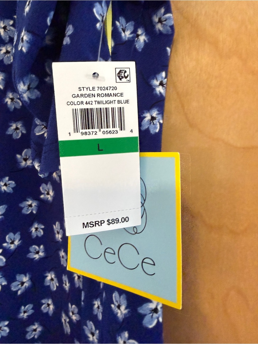 CeCe Garden Romance Ruffle Hem Puff Sleeve Dress Twilight Blue Floral L NWT - Picture 4 of 9